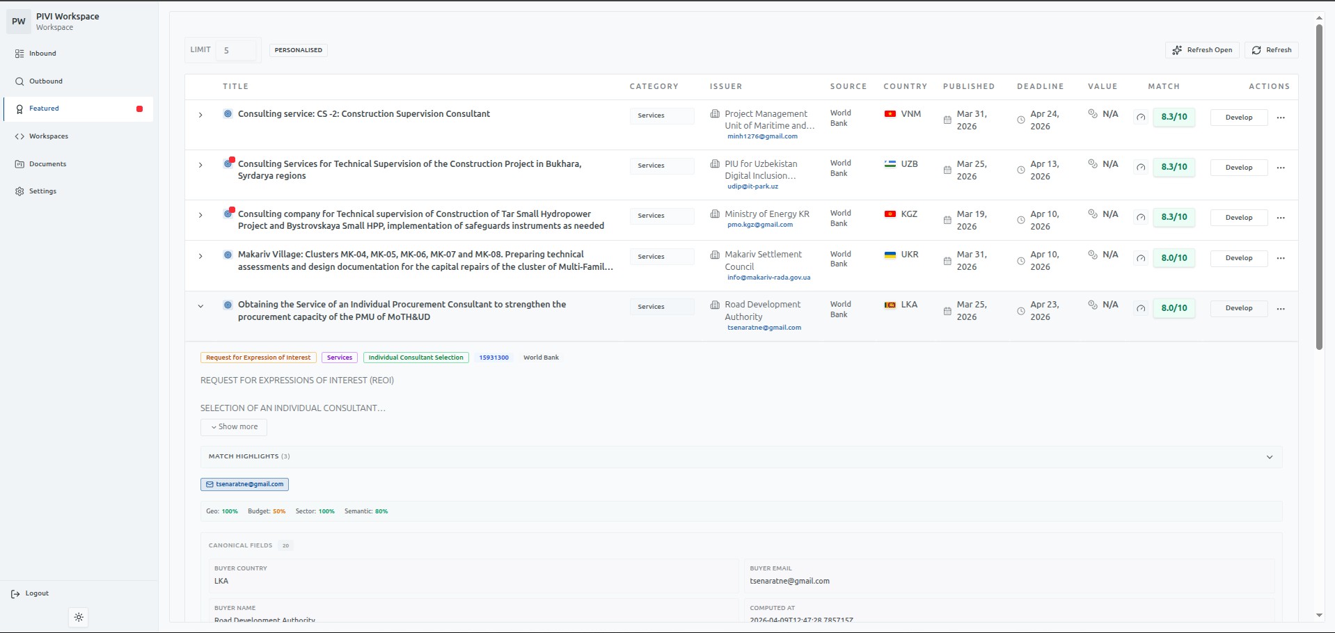 Featured tenders view